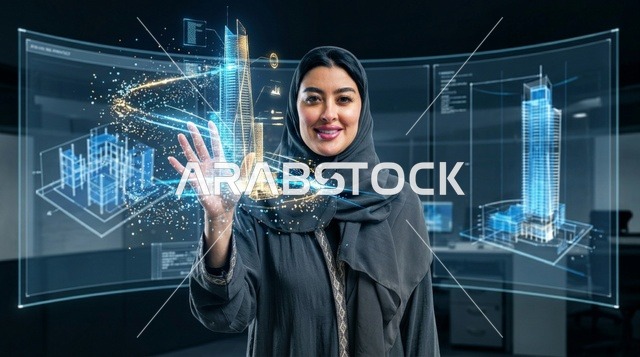 مهندسة عربية تتفاعل مع واجهة هولوغرام معمارية رقمية