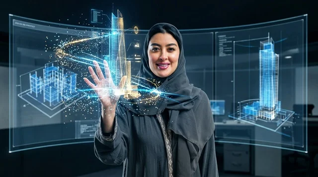 مهندسة عربية تتفاعل مع واجهة هولوغرام معمارية رقمية