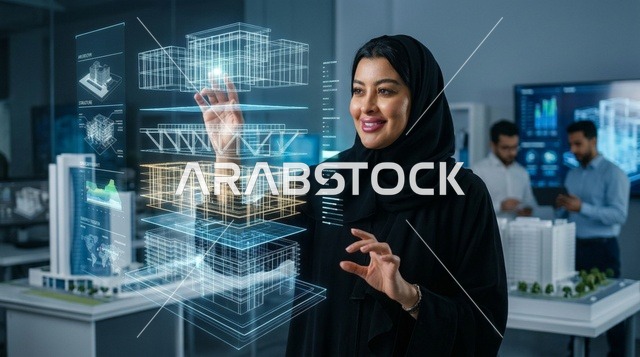مهندسة عربية تتفاعل مع مجسم هولوغرام ثلاثي الأبعاد
