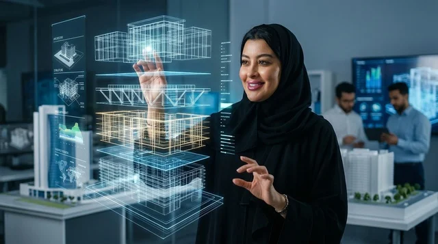 مهندسة عربية تتفاعل مع مجسم هولوغرام ثلاثي الأبعاد