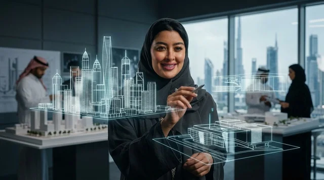 Arab Female Engineer with Hologram in Dubai Office