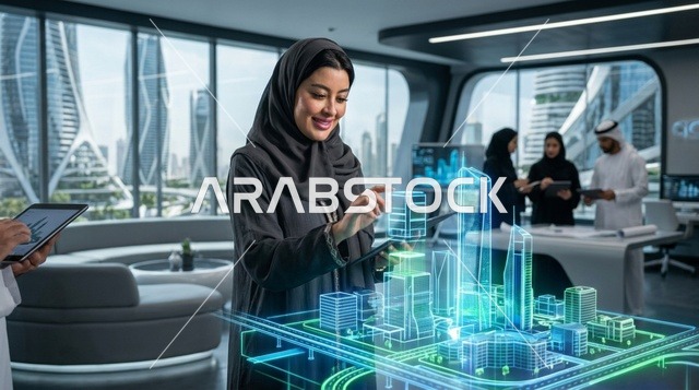 مهندسة عربية تتفاعل مع مجسم هولوغرامي لمدينة ذكية