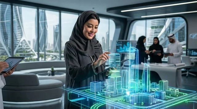 مهندسة عربية تتفاعل مع مجسم هولوغرامي لمدينة ذكية