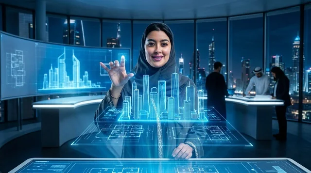 مهندسة عربية مع مخطط هولوغرام ثلاثي الأبعاد لمدينة ذكية