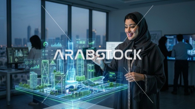 مهندسة عربية تتفاعل مع مجسم هولوجرام لمدينة ذكية متطورة