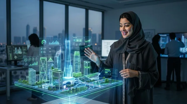 مهندسة عربية تتفاعل مع مجسم هولوجرام لمدينة ذكية متطورة