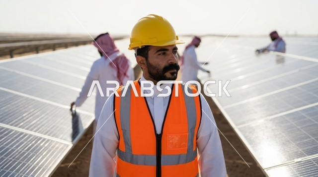 مهندس سعودي يعمل في محطة ألواح الطاقة الشمسية