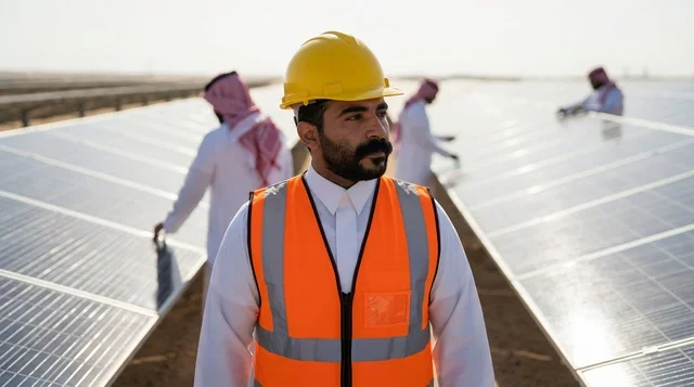 مهندس سعودي يعمل في محطة ألواح الطاقة الشمسية