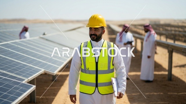 Saudi Engineer Walking at Solar Panels Plant in Desert