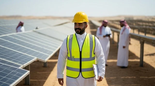 مهندس سعودي في محطة ألواح الطاقة الشمسية في الصحراء