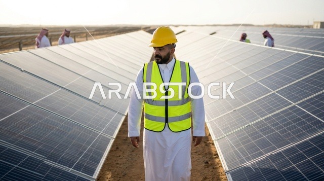 مهندس سعودي يمشي بين ألواح الطاقة الشمسية بالصحراء