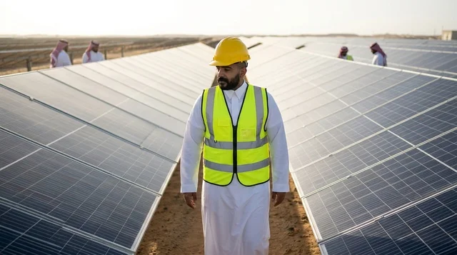 Saudi Engineer Walking Through Desert Solar Panel Farm