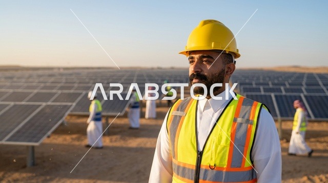 مهندس عربي في محطة ألواح الطاقة الشمسية بالصحراء