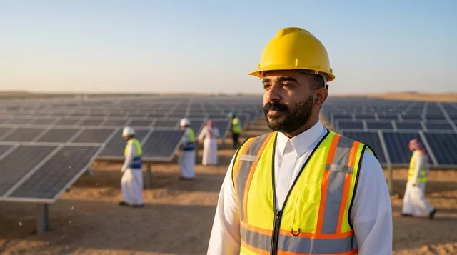 Saudi Engineer at Renewable Desert Solar Panel Farm