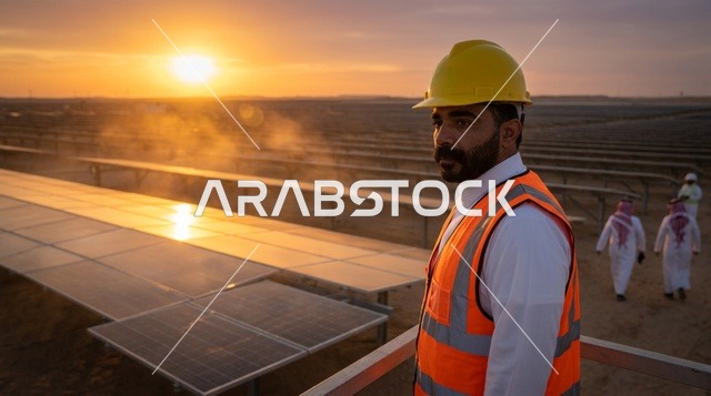 Saudi Engineer at Solar Panel Station during Sunset