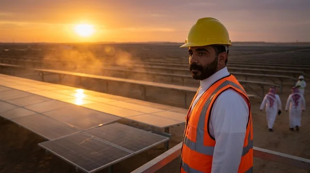 مهندس سعودي في محطة ألواح الطاقة الشمسية وقت الغروب