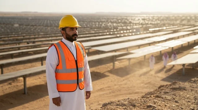 مهندس سعودي في مشروع ألواح الطاقة الشمسية بالصحراء