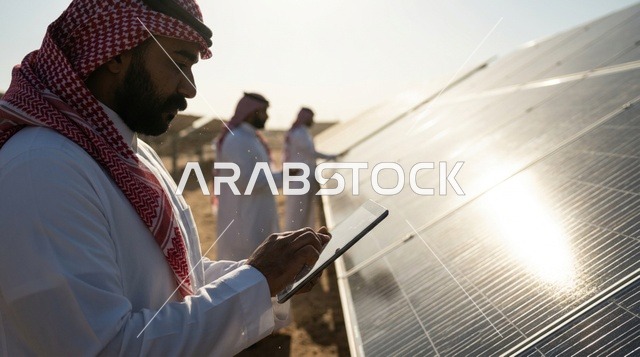 مهندسون سعوديون يفحصون ألواح الطاقة الشمسية
