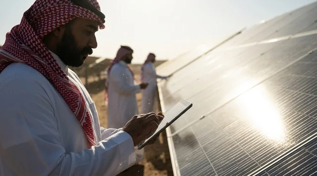 Saudi Engineers Inspecting Solar Panels with Tablet
