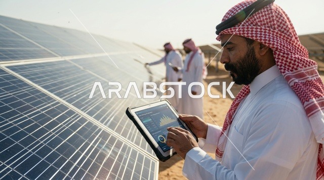 Arab Engineer with Digital Tablet at Solar Panel Field