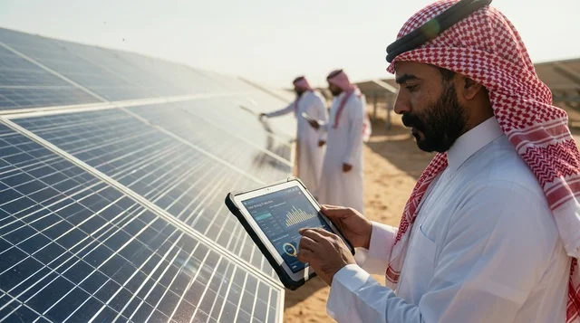 Arab Engineer with Digital Tablet at Solar Panel Field