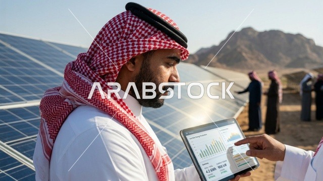 مهندس سعودي يراقب ألواح الطاقة الشمسية بالجهاز اللوحي