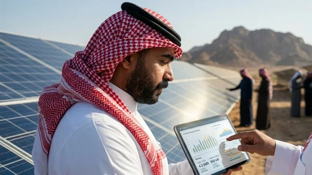 مهندس سعودي يراقب ألواح الطاقة الشمسية بالجهاز اللوحي