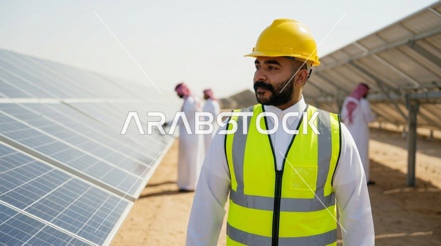 مهندس سعودي يعمل في محطة ألواح الطاقة الشمسية