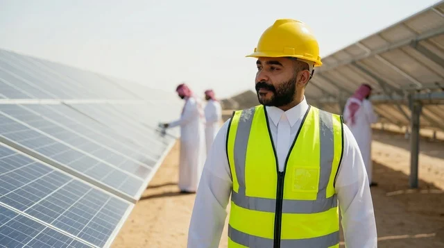 مهندس سعودي يعمل في محطة ألواح الطاقة الشمسية