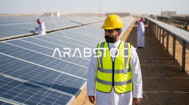 مهندس سعودي في محطة ألواح الطاقة الشمسية بالصحراء
