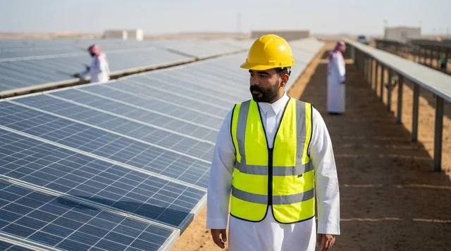 مهندس سعودي في محطة ألواح الطاقة الشمسية بالصحراء