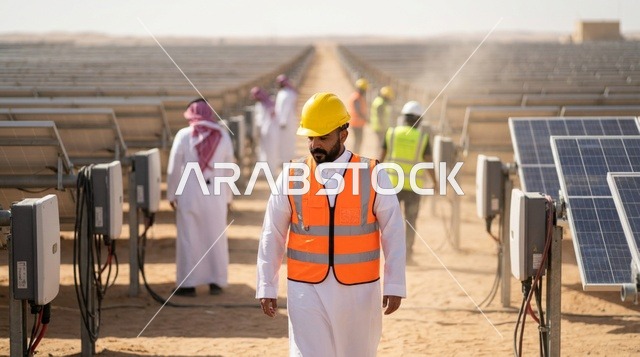 مهندس سعودي في حقل ألواح الطاقة الشمسية بالصحراء