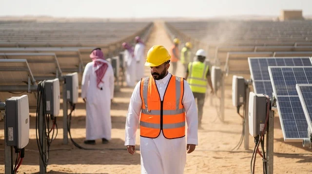 مهندس سعودي في حقل ألواح الطاقة الشمسية بالصحراء