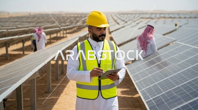 Arab Engineer Inspecting Solar Panel Farm in Desert
