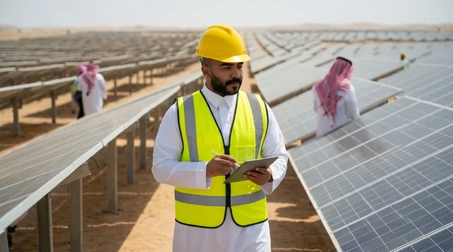 Arab Engineer Inspecting Solar Panel Farm in Desert