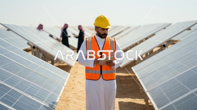 مهندس سعودي يتفقد محطة ألواح الطاقة الشمسية بالكمبيوتر اللوحي