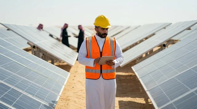 مهندس سعودي يتفقد محطة ألواح الطاقة الشمسية بالكمبيوتر اللوحي