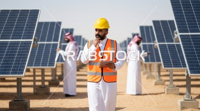 Saudi Engineer Inspecting Solar Panels in Desert Field