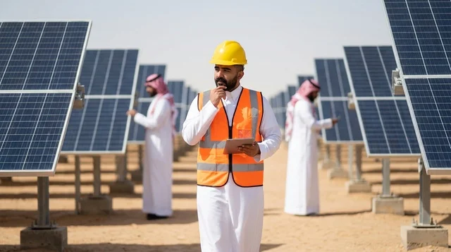 مهندس سعودي يتفحص ألواح الطاقة الشمسية في الصحراء