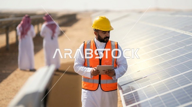 مهندس سعودي يعمل في محطة ألواح الطاقة الشمسية