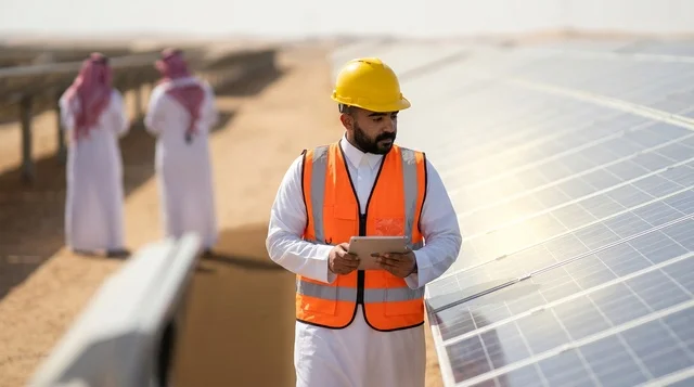 مهندس سعودي يعمل في محطة ألواح الطاقة الشمسية