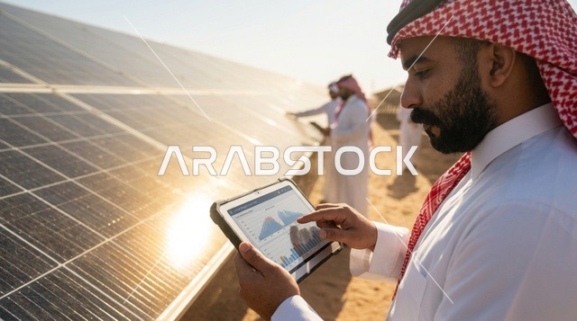 Saudi Engineer Checking Tablet at Desert Solar Farm