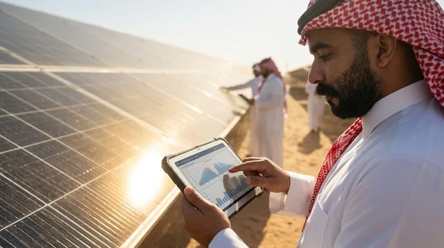 Saudi Engineer Checking Tablet at Desert Solar Farm
