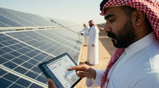 مهندس سعودي يتابع ألواح الطاقة الشمسية عبر تابلت
