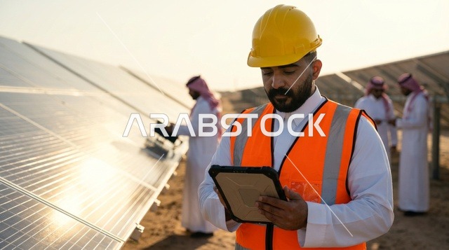 مهندس سعودي مع جهاز لوحي في حقل ألواح الطاقة الشمسية