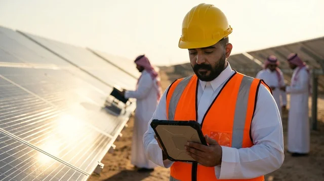 مهندس سعودي مع جهاز لوحي في حقل ألواح الطاقة الشمسية