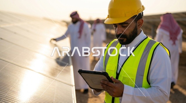مهندس سعودي يفحص ألواح الطاقة الشمسية باستخدام جهاز لوحي