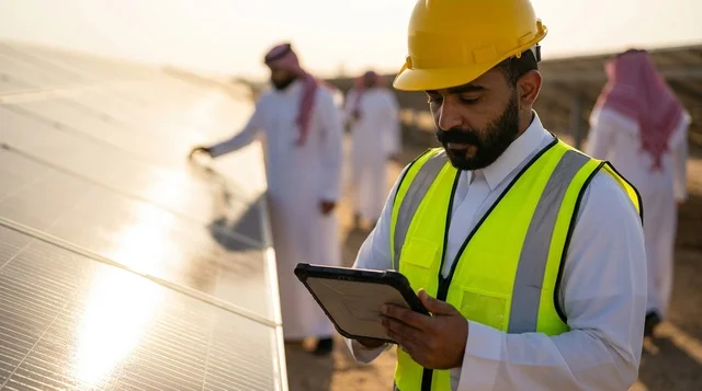 مهندس سعودي يفحص ألواح الطاقة الشمسية باستخدام جهاز لوحي