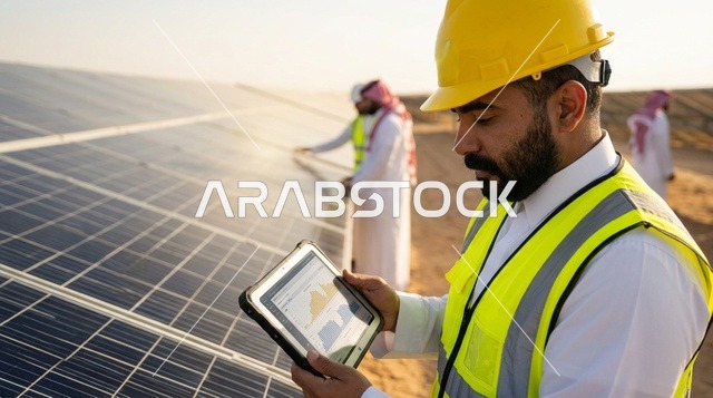 مهندس سعودي يستخدم جهاز لوحي في محطة طاقة شمسية