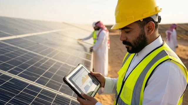 Saudi Engineer Using Tablet at Desert Solar Panel Farm